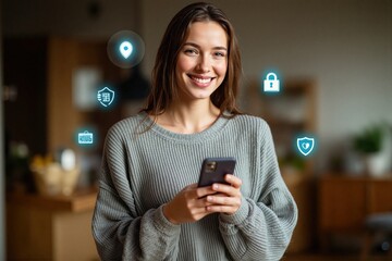 Smiling Woman Using Smartphone with Digital Security Icons Overlay