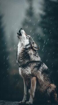 Eye-level shot, vertical front view of A majestic wolf howling at, snow-covered forest forest background 