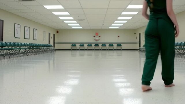 Young person green outfit sits cross legged polished floor, facing empty hallway with quiet atmosphere and rows of chairs, evoking calm contemplation