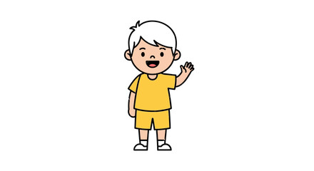 Cartoon boy with white hair waving his hand, wearing a yellow shirt and shorts