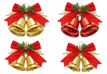 A festive collection of four christmas bell decorations, each adorned with a red bow and greenery isolated on transparent background