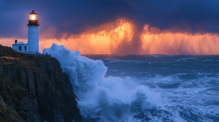 Majestic lighthouse stands tall against turbulent waves and dramatic sunset sky, showcasing nature power and beauty