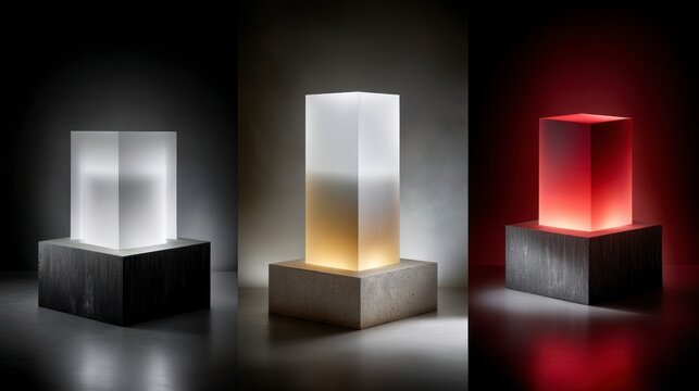 Abstract illuminated frosted glass columns on stone bases white gradient gold and red lights