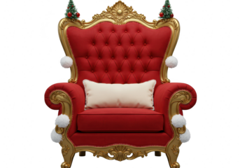 An ornate red velvet santa claus chair with gold trim, decorated with white pompoms and miniature christmas trees, isolated on a transparent background