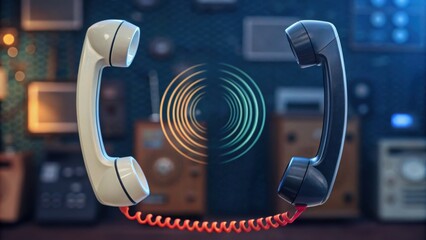 Vintage telephones with a swirling coil cord against a retro backdrop, evoking nostalgia and communication history.