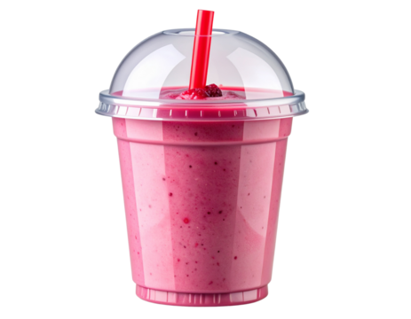 Pink-Red Berry Smoothie in Clear Dome Cup with Red Straw Isolated on Transparent Background PNG