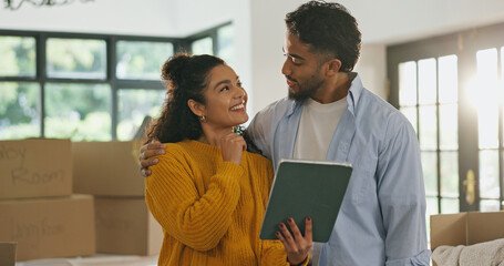 Tablet, smile and moving with couple in new home for property, support and interior design. Real...