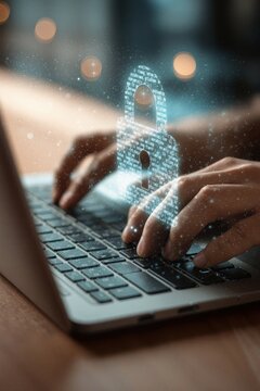 Cybersecurity Concept with Hands Typing on Laptop and Digital Lock Overlay