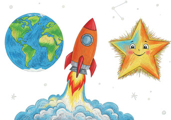 Fototapeta premium A colorful cartoon rocket launches towards the earth with a smiling star nearby in outer space isolated on transparent background