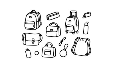 Hand drawn backpacks and accessories collection in black and white