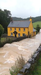 Floodwaters engulfing a yellow house