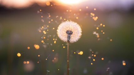 Obraz premium Sunset Dandelion Seeds: Soft, Warm, Hopeful, Nature Photography, Bokeh Background, Wishes, Dreams, Tranquil, Serene, Magical.