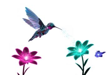 A futuristic mechanical hummingbird with iridescent wings drinks nectar from glowing flowers isolated on transparent background