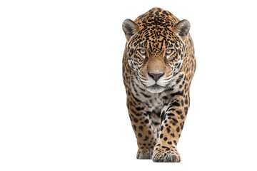 Obraz premium A jaguar walking forward with a Transparent Background looking directly at the viewer with a serious face