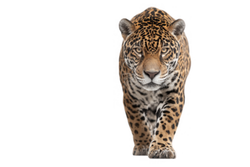 A jaguar walking forward with a Transparent Background looking directly at the viewer with a serious face