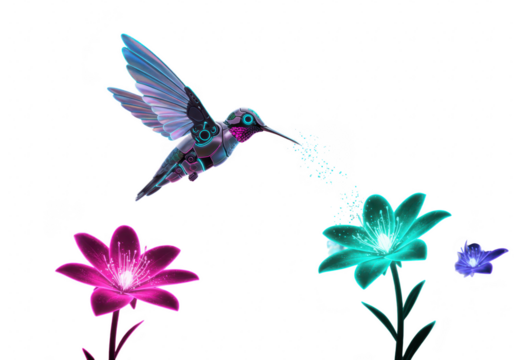 A futuristic mechanical hummingbird with iridescent wings drinks nectar from glowing flowers isolated on transparent background