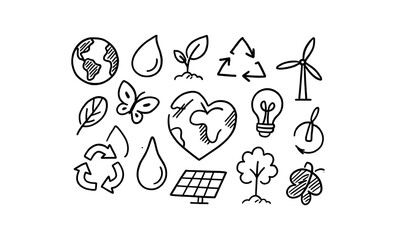 Fototapeta premium Eco-friendly icons featuring nature and renewable energy doodles
