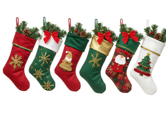 A line of six festive christmas stockings in red, green, and white, decorated with holiday motifs isolated on transparent background