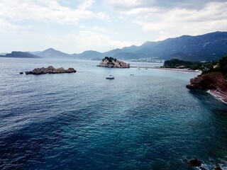 A drone photo from the beach on the island of Sveti Stefan in Montenegro