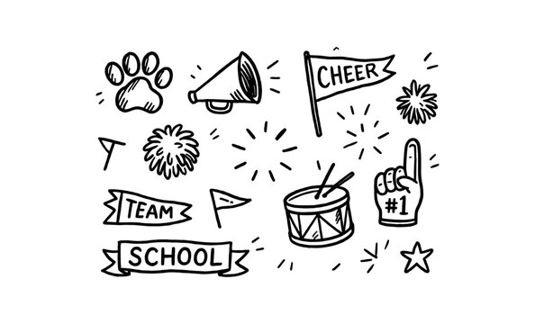 Cheerleading doodles with pom poms, megaphone, and team banner