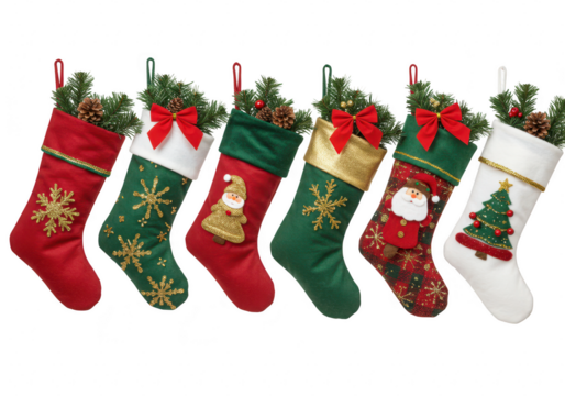 A line of six festive christmas stockings in red, green, and white, decorated with holiday motifs isolated on transparent background