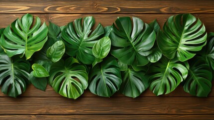Tropical leaves on wooden planks