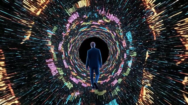 Man walking in time travel tunnel with bright lights and colorful decorations. Time travel tunnel with illuminated space lets you imagine going to other side. Consider using time travel tunnel,