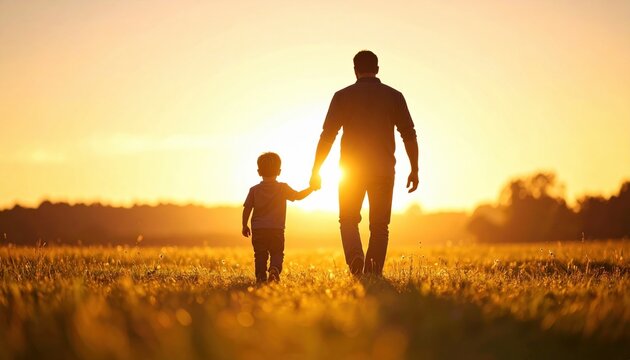 Silhouette of a father and son walking hand in hand across a sunlit grassy field during golden hour