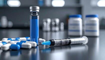 Medical vials, syringes, and capsules on a lab table