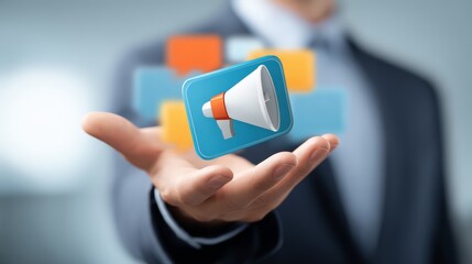 A businessman holds a megaphone icon representing digital marketing strategies.