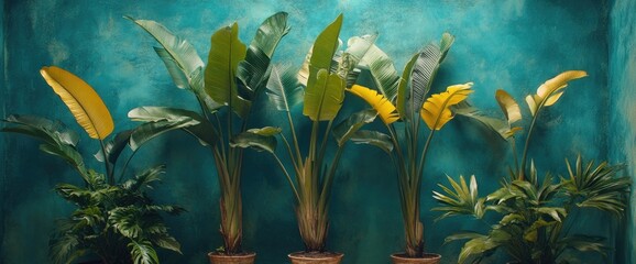 Vibrant tropical plants against teal wall