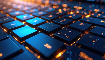 Detailed close up of illuminated blue keys on a modern computer keyboard with vibrant orange glow