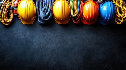 Safety gear arranged on dark background