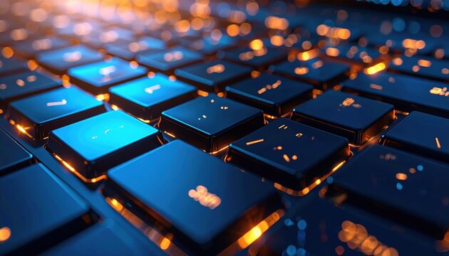 Detailed close up of illuminated blue keys on a modern computer keyboard with vibrant orange glow