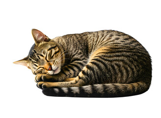 Fototapeta premium Tabby cat sleeping curled up in a ball isolated on transparent background