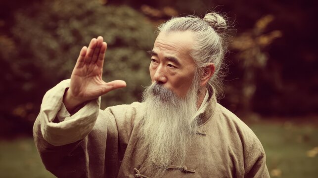 Elderly man practicing martial arts. - Powered by Adobe