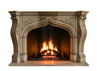 Ornate stone fireplace with burning fire isolated on transparent background