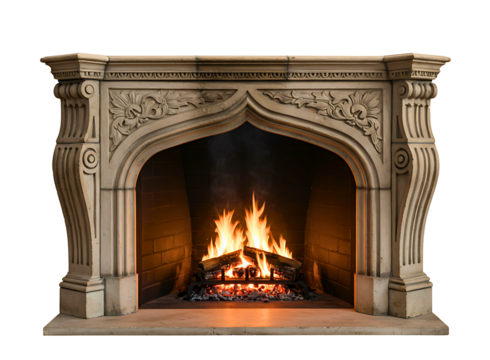 Ornate stone fireplace with burning fire isolated on transparent background