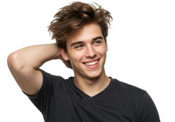 A happy young caucasian man with stylish hair smiles confidently, isolated on a transparent background