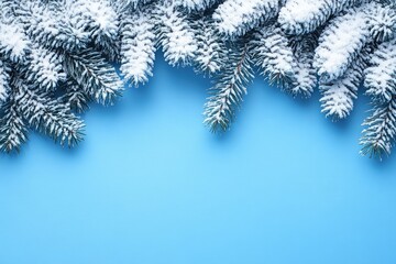 Fototapeta premium Snowy pine branches on blue background