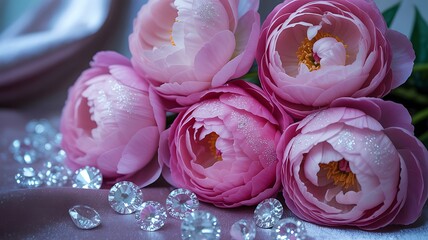 Close-up of Dew-Kissed Pink and Purple Peonies with Golden Sparkle, Romantic Floral Arrangement, Moody Garden Setting