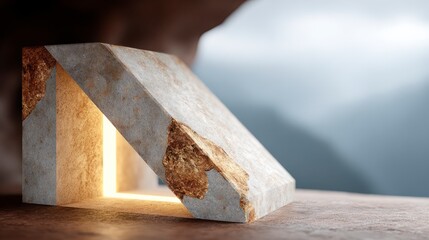 Textured stone archway with golden mineral inclusions illuminated by warm light against a muted landscape