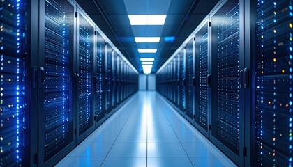 Fototapeta premium Long corridor with illuminated server racks in a modern data center showing high tech computing infrastructure