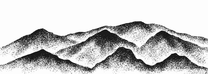 Grain stippled texture mountain range. Spray Painted mountain landscape. isolated on white background. use for print art, poster, cover, banner