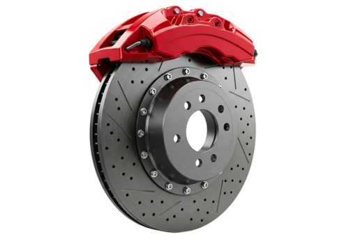 High performance red brake caliper and disc isolated on transparent background