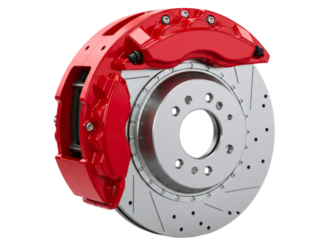 High performance red brake caliper and disc isolated on transparent background