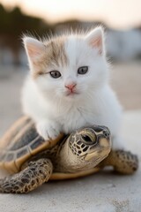 A playful kitten resting on a turtle, capturing a cute moment.