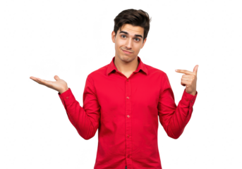 A young man in a red shirt shrugs and points, expressing confusion or uncertainty about a choice isolated on transparent background