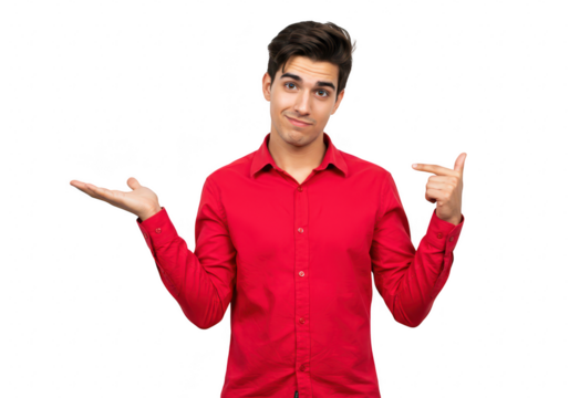 A young man in a red shirt shrugs and points, expressing confusion or uncertainty about a choice isolated on transparent background - Powered by Adobe