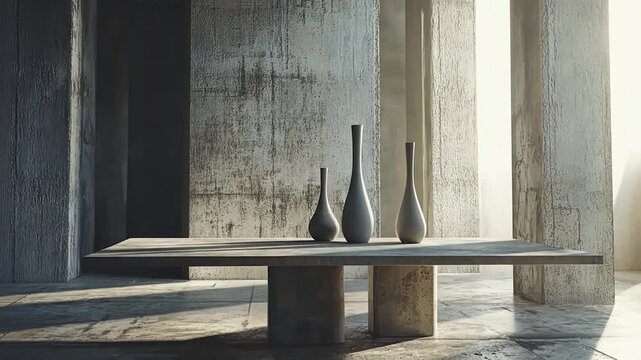 Minimalist concrete interior with vases